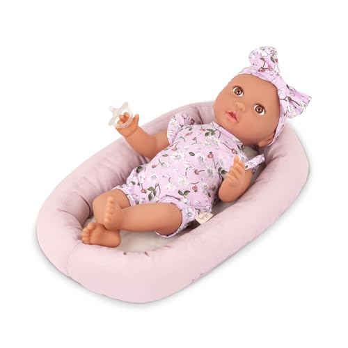 LullaBaby – Baby Puppe mit Babynest – Honig Hautton & braune Augen – 36 cm Babypuppe Weichkörper – mit Puppenkleidung, Schnuller – Spielzeug für Kinder ab 2 Jahren – Blumenmuster von LullaBaby