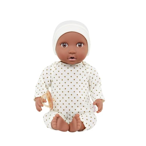 LullaBaby – Baby Puppe mit Puppenkleidung – Dunkler Hautton & braune Augen – 36 cm Babypuppe Weichkörper – Mütze & Schnuller – Spielzeug für Kinder ab 2 Jahren – Gepunkteter Schlafanzug crème von LullaBaby