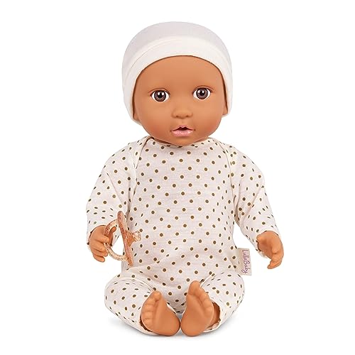 LullaBaby – Baby Puppe mit Puppenkleidung – Honig Hautton & braune Augen – 36 cm Babypuppe Weichkörper – Mütze & Schnuller – Spielzeug für Kinder ab 2 Jahren – Gepunkteter Schlafanzug crème von LullaBaby