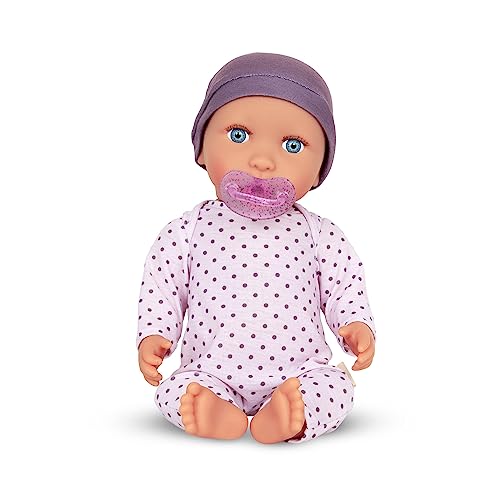 LullaBaby – Baby Puppe mit Puppenkleidung – Porzellan Hautton & Blaue Augen – 36 cm Babypuppe Weichkörper – Mütze & Schnuller – Spielzeug für Kinder ab 2 Jahren – Gepunkteter Schlafanzug lila von LullaBaby