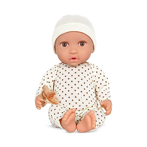 LullaBaby – Baby Puppe mit Puppenkleidung – Porzellan Hautton & braune Augen – 36 cm Babypuppe Weichkörper – Mütze & Schnuller – Spielzeug für Kinder ab 2 Jahren – Gepunkteter Schlafanzug crème von LullaBaby