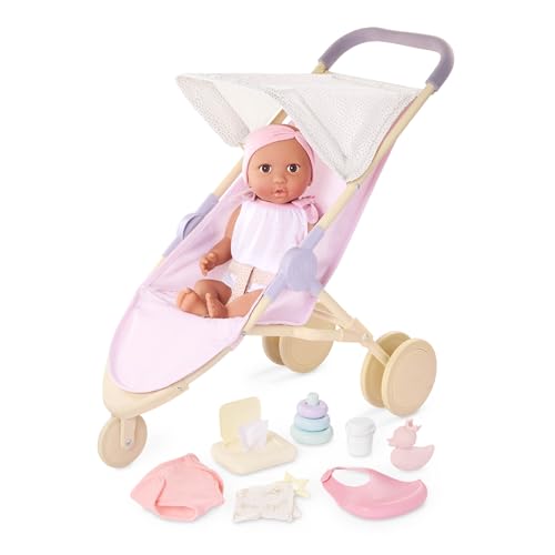 LullaBaby – Baby Puppe mit Puppenwagen, Wickelset – Honig Hautton & braune Augen – 36 cm Babypuppe Weichkörper – mit Puppenkleidung & Baby Puppenzubehör – Spielzeug für Kinder ab 2 Jahren von LullaBaby