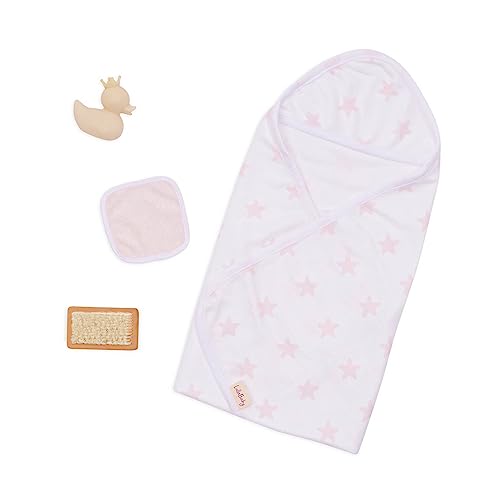 LullaBaby – Kapuzenhandtuch für 36 cm Baby Puppen – Handtuch mit Kapuze und rosa Sternchen – Badeente, Waschlappen, Bürste – Baby Puppenzubehör – Spielzeug für Kinder ab 2 Jahren – Rosa Sterne von LullaBaby