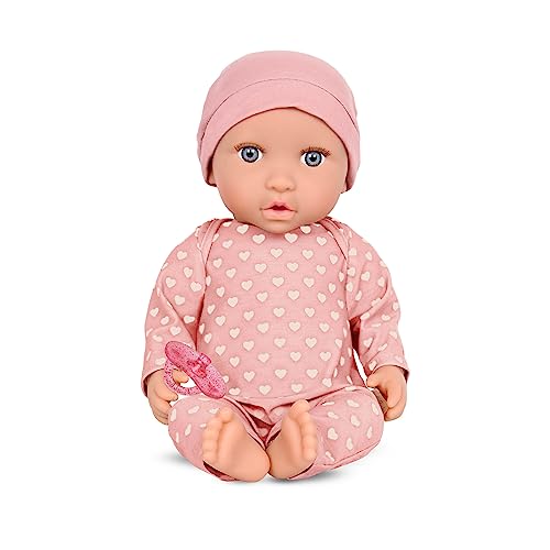 LullaBaby – Baby Puppe mit Puppenkleidung – Porzellan Hautton & graue Augen – 36 cm Babypuppe Weichkörper – Mütze & Schnuller – Spielzeug für Kinder ab 2 Jahren – Rosa Pyjama mit Herzen von LullaBaby