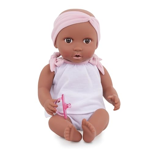 LullaBaby LBY7227Z Baby Puppe mit Puppenkleidung – Dunkler Hautton & braune Augen – 36 cm Babypuppen Weichkörper Schnuller – Spielzeug für Kinder ab 2 Jahren – Rosa Stirnband, Multi von LullaBaby
