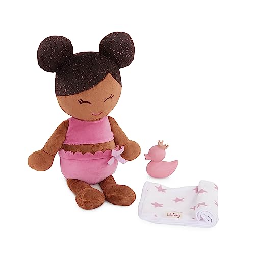 LullaBaby LBY7255Z Badepuppe Badewannenspielzeug 36 cm – Stoffpuppe, braunes Haar – Badespielzeug Baby, Wasserspielzeug – Handtuch & Badeente Puppenzubehör – Badewannen Spielzeug ab 2 Jahren, Multi von LullaBaby