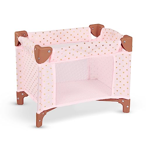 LullaBaby LBY7628Z Laufstall für 36 cm Puppen – faltbares Laufgitter – Puppenbett Baby Puppenzubehör – Spielzeug für Kinder ab 2 Jahren – Rosa & goldene Sterne, Multi von LullaBaby