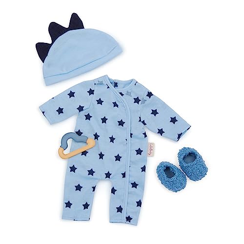 LullaBaby LBY7643Z Puppenkleidung für 36 cm Puppen – Schlafanzug Strampler – Mütze, Beißring, Flauschige Hausschuhe – Baby Puppenzubehör – Spielzeug für Kinder ab 2 Jahren – Blaue Sterne, Multi von LullaBaby