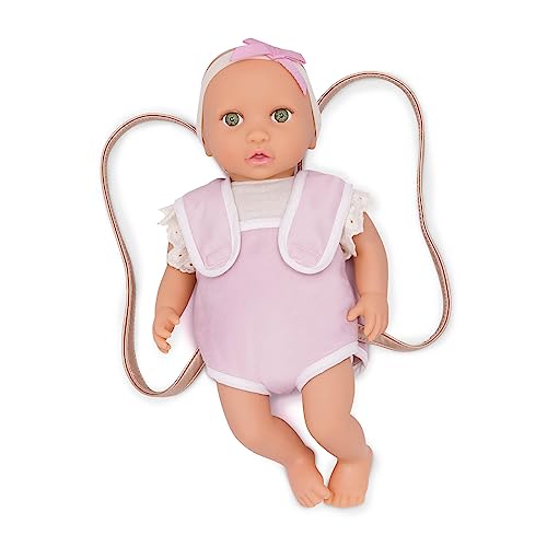 LullaBaby LBY7647Z Baby Puppe mit Babytrage – Porzellan Hautton & grüne Augen – 36 cm Babypuppe Weichkörper – mit Puppenkleidung – Spielzeug für Kinder ab 2 Jahren – Rosa, Multi von LullaBaby