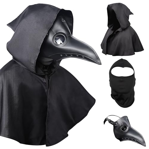 Lulu Home Halloween Schnabel Doktor Maske Kostüm, Schwarze PU Leder Maske mit langem Schnabel, Sturmhaube Gesichtsmaske & Kapuzenumhang für Erwachsene Maskeraden Cosplay Partys Kostüm Requisiten von Lulu Home