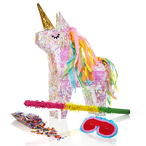 Lumaland Pinata Set zum Befüllen inkl. Schläger & Augenbinde | Magisches Einhorn ideal für Kinder-Geburtstag & Feier | Piñata inkl. 50g buntes Konfetti | Individuell befüllbar [40x14x54 cm] von Lumaland