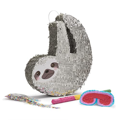 Lumaland Pinata Set zum Befüllen inkl. Schläger & Augenbinde | Party Faultier ideal für Kinder-Geburtstag & Feier | Piñata inkl. 50g buntes Konfetti | Individuell befüllbar [46x45x10 cm] von Lumaland