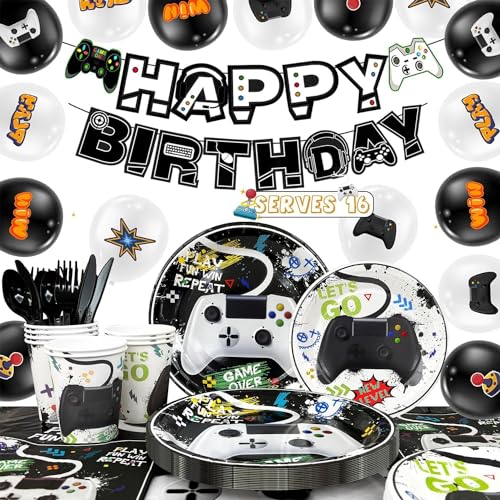 Videospiel Party Zubehör,140 Pcs Video Gamer Birthday Party Decorations&Videospiele Party Geschirr Set-Videospiel Servietten Teller Becher Luftballons Banner Tischdecke etc Playstation Deko Geburtstag von Lumcrajems