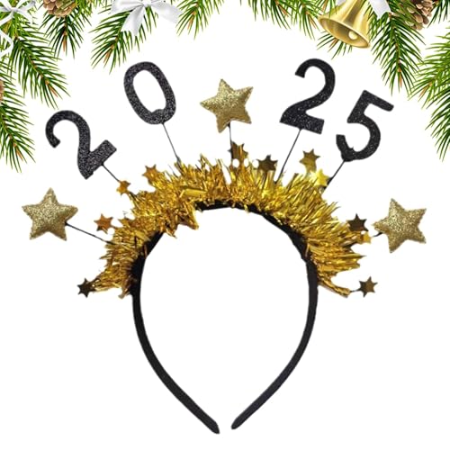 2025 Haarreifen – Happy New Year Glitzerstern-Pailletten Stirnband Tiara | Happy New Year Stirnbänder mit Stern-Boppers | Glitzer-Headwear Party Dekorationen 2025 Happy New Year Stirnband für von Lumiscent