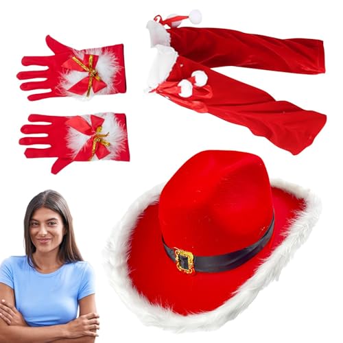 Weihnachtsmann-Kostüm – Weihnachts-Outfits für Damen | Weihnachtsmann-Cowboyhut | Weihnachtskostüme | Rotes Weihnachtsmann-Cosplay-Kostüm, Party-Verkleidungsset für Bühnenauftritte, von Lumiscent