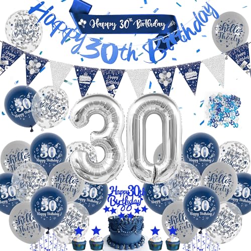 30 Geburtstag Deko Blau Silber - 30. Geburtstag Jungen Deko Enthält Happy Birthday Banner, Konfetti, Tortendekoration, Wimpel, Luftballons und Schärpe, für Männer Frauen 30. Geburtstagsparty Zubehör von LumoFun