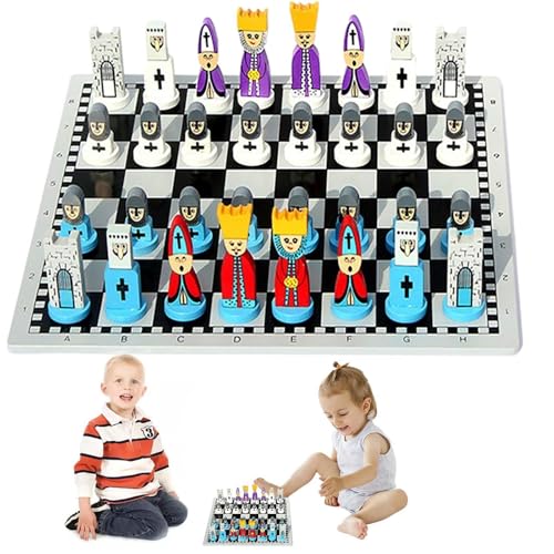 Holzschach -Set - handgefertigtes Holzschach -Set, Kinderschach -Set | Cartoon Holoden Travel Chess Brettspiele, Brettspiele für Familienunterhaltung, tragbares Tabletop -Schachkit, Interactive Toy von Lunaobrik