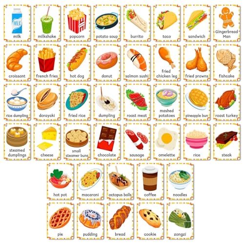 Lunaobrik Food Flashcard, Food Flash Cards - 48x Interactive Funny Educational Flash Cards - Homeschool Supplies, Kinder frühes Lernen Spiel für, Kinder von Lunaobrik