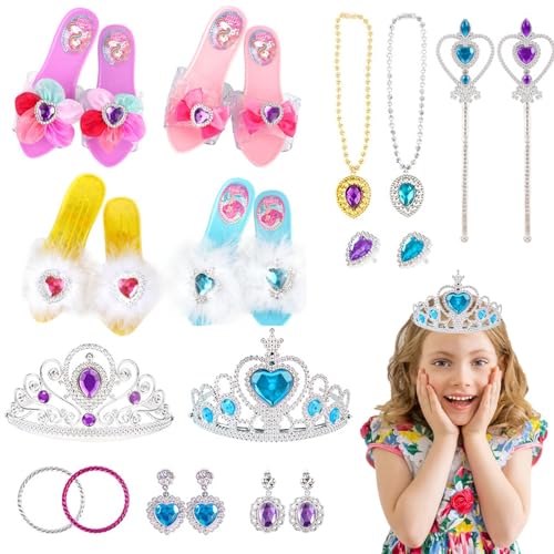 Prinzessin Heels Set - Mädchen Dress -up Set, Mädchen tun Schmuckspielzeuge | Prinzessin verkleiden sich mit 4 Paar Prinzessinschuhen, 2 Armbändern, 2 Paar Ohrringen, 3 Kronen, 2 Zauberstäben, 2 Halsk von Lunaobrik