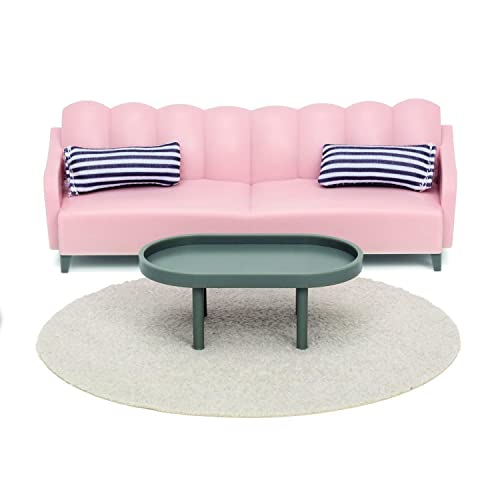 LUNDBY Puppenhaus Wohnzimmer Möbel Set 5-teilig – Sofa Couch, Couchtisch, Teppich, 2X Kissen – Puppenhaus Möbel für Miniatur Haus – Puppenzubehör Set für 11 cm Puppen im Maßstab 1:18 von Lundby