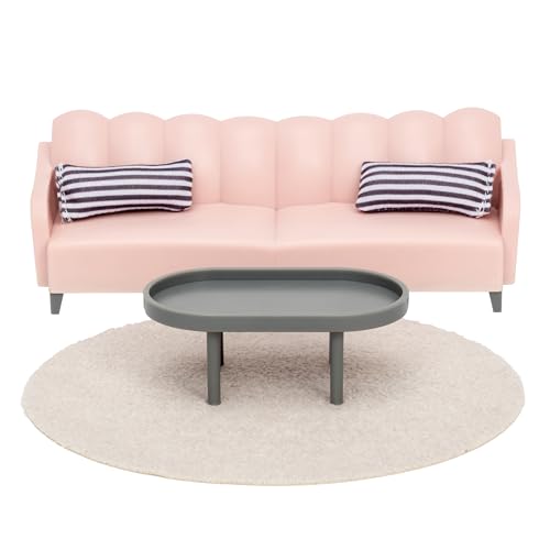 LUNDBY Puppenhaus Wohnzimmer Möbel Set 5-teilig – Sofa Couch, Couchtisch, Teppich, 2X Kissen – Puppenhaus Möbel für Miniatur Haus – Puppenzubehör Set für 11 cm Puppen im Maßstab 1:18 von Lundby