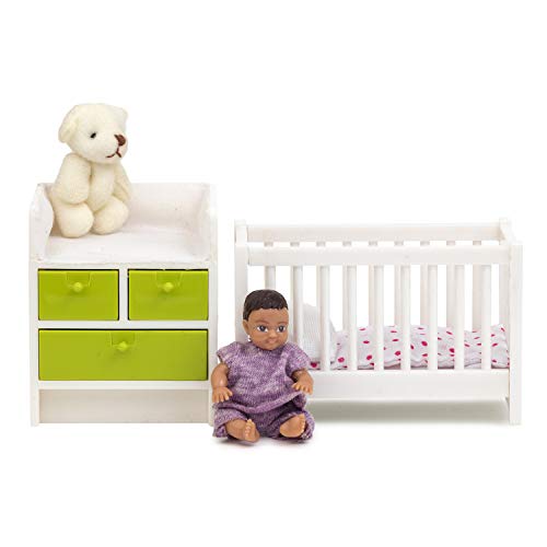 Lundby Babymöbel Puppenhaus - Möbel 7-teilig - Puppenhauszubehör - Gitterbett - Babybett - Wickeltisch - Wickelkommode - Baby - Zubehör ab 4 Jahre - 11 cm Puppen - Minipuppen 1:18 von Lundby