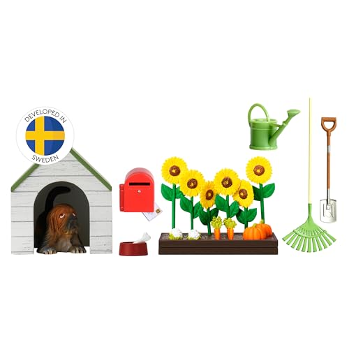 Lundby Gartenset Puppenhaus - 29-teilig - Puppenhauszubehör - Garten - Haustier, Gartenwerkzeug, Blumenbeet, Briefkasten - Zubehör - ab 4 Jahre - 11 cm Puppen - Minipuppen 1:18 von Lundby