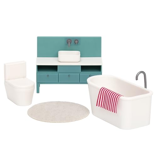 Lundby Puppenhaus Badezimmer Möbel - 5 teilig - Miniatur Toilette, Waschbecken, Teppich und Miniatur Badewanne - Toilette Puppenhaus Möbel Set - Puppenmöbel Puppenhaus Zubehör - 11cm Puppen 1:18 von Lundby