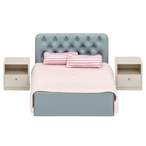 Lundby Schlafzimmer Puppenhaus - Möbelset 6-teilig - Puppenhauszubehör - Möbel - Schlafzimmerset - Doppelbett - Bett - Bettwäsche - Zubehör - ab 3 Jahre - Minipuppen 1:18 von Lundby