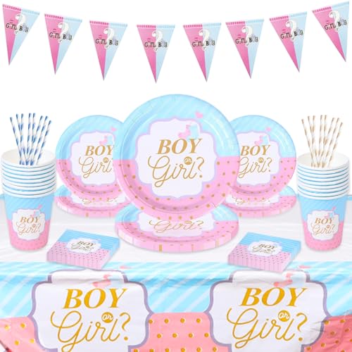 Baby Mädchen Jungen Gender Reveal Party Deko Geschirr Set, 98 Stück Gender Reveal Geschirr Set mit Tellern, Servietten, Tassen für 16 Gäste Gender Reveal Party von Lunriwis