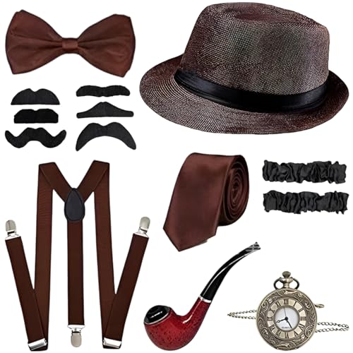 Lunriwis 20er Jahre Kostüm Herren Accessoires, 20er Mafia Kostüm Set,1920er Herren Outfit mit Verstellbar Elastisch Hosenträger, Taschenuhr,Fliege,für Karneval Fasching Halloween von Lunriwis