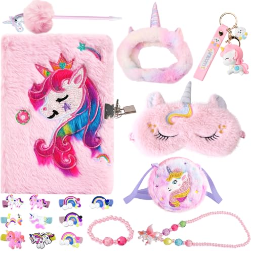 Lunriwis Tagebuch mit Schloss Mädchen 4 5 6 7 8 9 10 Jahre alt Locking Plüsch Einhorn Tagebuch Schmuck stift Augenmaske Haarband Einhorn Geschenk für Mädchen, Geschenk Tagebuch Mädchen für 3-12 Jahre von Lunriwis