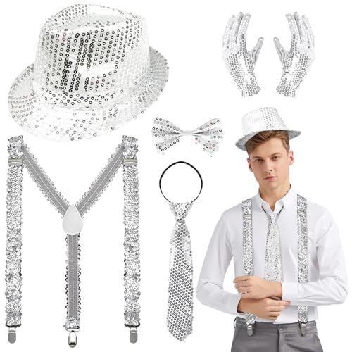 Lunriwis Glitzer Outfit Herren 5er Set,Glitzer Hemd Fasching Herren,Hut Glitzer Kostüm,Pailletten Fliege,krawatte,Handschuhe für Fasching Kostüm Disco Party Performance von Lunriwis