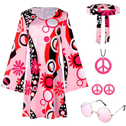 Lunriwis Hippie kostüm Damen, Disco Kostüm Damen 60er 70er, Mode Damen Faschingskostüme Accessoires, 5-teiliges Disco Outfit Damen, Hippie Kostüm Set für Karneval Party (L) von Lunriwis