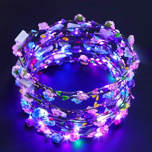 Lunriwis LED Blumenkranz Stirnband 12PCS - Floral Tiara Haarschmuck Garland Leucht Bunt Kopfbedeckung, Festival Geburtstag Weihnachten Party Hochzeit Dekor Blumenkranz Kopfschmuck von Lunriwis