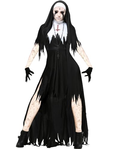 Luojida Karneval Nonne Zombie The Nun Kostüm Nonne Damen mit Kopfbedeckung, Halskette und Handschuhen, ideal für Halloween Cosplay Karneval Party Schwarz XL von Luojida