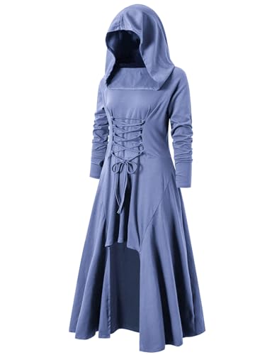 Mittelalterliches Gothic-Kleid Damen mit Kapuze Kostüm Halloween Karneval Cosplay Steampunk Vintage Gothic Kleid Langarm Damenkleider Herbst Hellblau XXL von Luojida