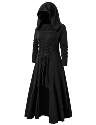 Mittelalterliches Gothic-Kleid Damen mit Kapuze Kostüm Halloween Karneval Cosplay Steampunk Vintage Gothic Kleid Langarm Kleider Damen Herbst Schwarz L von Luojida