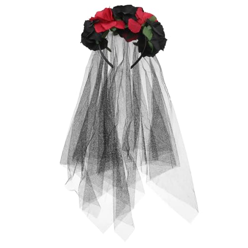 Lurrose Rose Floral Crown Schleier Halloween-Kostüm mexikanischen Stirnband Day of the Dead Headpiece für Festival Carnival Party (rot und schwarz Muster) von Lurrose