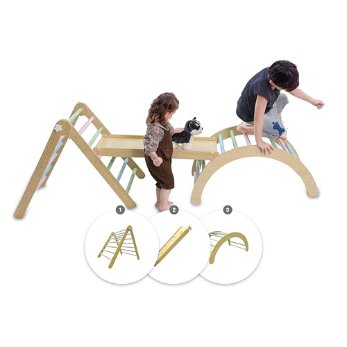 Lusio 3-in-1 Montessori Klettergerüst | Klettergerüst aus Holz mit Rutsche | 1-5 Jahre | Inklusive Pikler Dreieck & Kletterbogen von Lusio