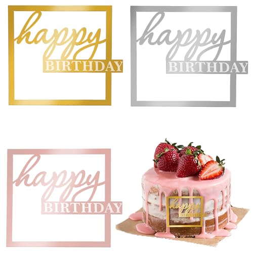 Happy Birthday Tortendeko 3 Stück Acryl Cake Topper Geburtstag Hohle Happy Birthday Torten Deko für Geburtstag Hochzeit Jahrestag Party Dekoration Gold Rosa Silber von Lusofie