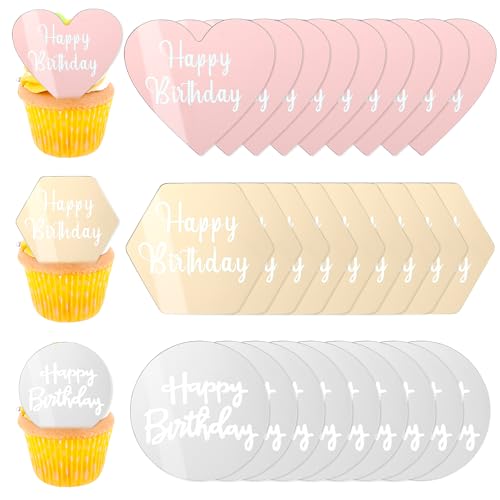 30 Stück Happy Birthday Tortendeko Acryl Cake Topper Rund Herzförmig Sechseckig Cupcake Dekoration für Geburtstag Hochzeit Jahrestag Party Dekoration (Gold, Rosa, Silber) von Lusofie