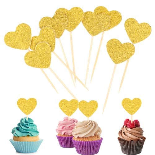 30 Stück Cupcake Toppers Kuchendeko Herzen Kuchenstecker Topper Muffin DekoLiebe Gold Glitter Herz Cupcake Topper Tischkarten Deko Kann für Hochzeitstag Babyparty Party Dekorationszubehör Verwendet von Lusofie