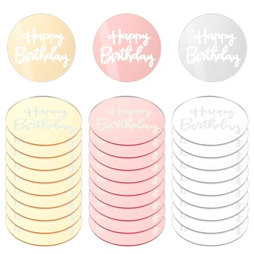 30 Stück Happy Birthday Tortendeko Rund Acryl Happy Birthday Cake Topper 5 cm Runde Cupcake Dekoration für Geburtstag Hochzeit Jubiläumsparty Dekoration (Gold, Rosa, Silber) von Lusofie