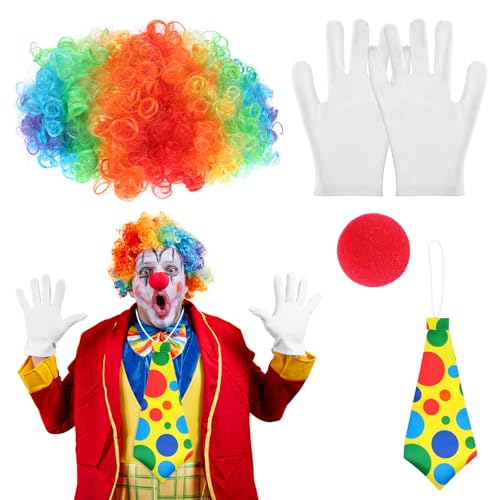 Lusofie 4 Stück Clown Kostüm Accessoire Clownsnasen Rot Lockiges Clown Perücke Gummiband Handschuhe Halloween Art the Clown Zirkus Karneval Perücke Party Clown Kostüm Set Kinder Damen Herren von Lusofie