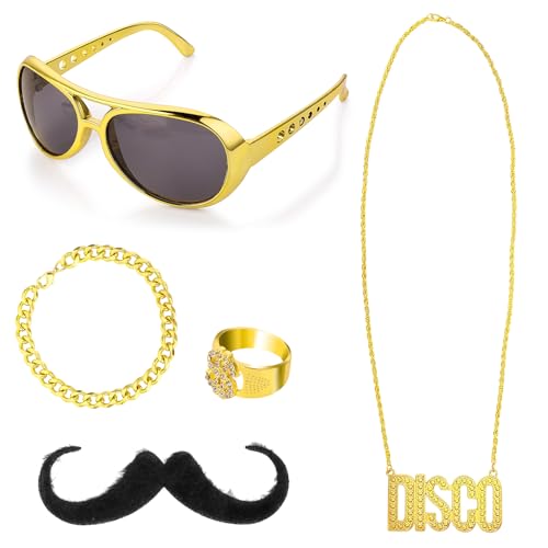 Lusofie 5 Stück Hippie Outfit Accessoires Gold Retro Disco Brille Ring Halskette Armband Fake Bart Herren Damen Maskerade Hippie Zubehör für 50er 60er 70er 80er Disco Karneval Party Halloween Party von Lusofie