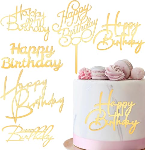 6 Stück Happy Birthday Cake Topper Tortendeko Happy Birthday Goldene Kuchenaufsätze Spiegel Acryl Kuchenaufsätze Seitliche Cake Topper Geburtstag für Geburtstagsparty Kuchen Desserts Gebäck von Lusofie