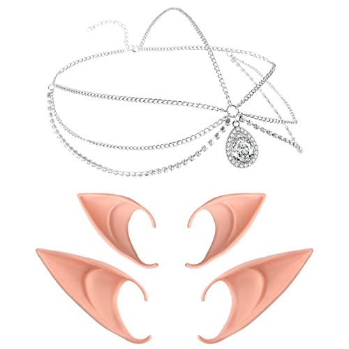 Elfenohren Schmuck Cosplay Fee Elfen Ohren Mond Kopf Kette Vintage Kristall Stirnband Tiara Weiche Spitze Haar Zubehör Fairy Elf Ears Anime Party Dress Up Kostüm Maskerade Ball Elfen Ohren Damen von Lusofie