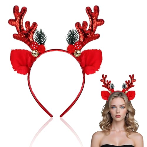 Geweih Stirnband für Weihnachtskostüme Rot Glitzerndes Weihnachts Haarreife mit Glöckchen Rentier Hirschgeweih Stirnband Pailletten Antlers Haarreifen für Erwachsene Kinder Weihnachts Haarschmuck von Lusofie