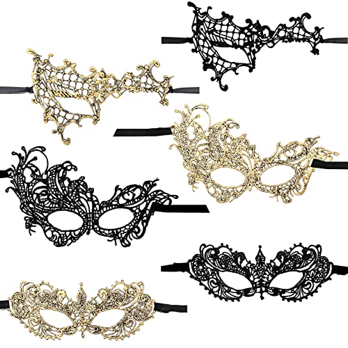 Lusofie Maskenball Maske Damen Karneval Maske 6 Stück Augenmaske Kostüm Maskenball Schwarz Gold Maskerade Maske Spitze Augenmaske Prom Halloween Prom Kostüm Party von Lusofie